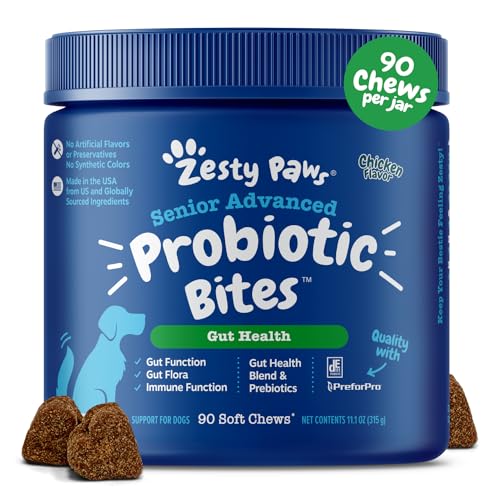 Zesty Paws Probiotics for Dogs - Digestive Enzymes for Gut Flora, Digestive Health, Diarrhea & Bowel Support - Clinically Studied DE111 - Dog Supplement Soft Chew for Pet Immune System - Adv, 90ct