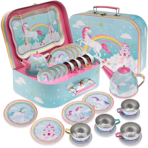 Jewelkeeper Tea Set for Little Girls - 15 Piece Sets Kids Tin Tea Party with Cups, Saucers, Plates & Serving Trays - Toddler Princess Tea Time Pretend Play - Rainbow Unicorn Design Picnic Toy