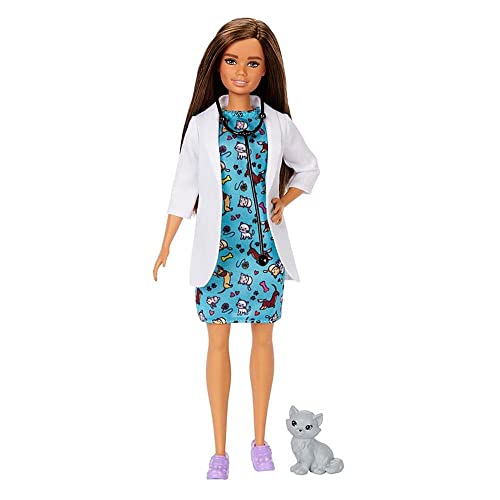 Barbie Pet Vet Brunette Doll with Career Pet-Print Dress, Medical Coat, Shoes and Kitty Patient for Ages 3 and Up ​, Multi