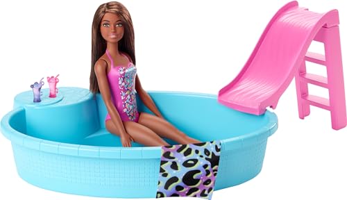 Barbie Doll and Pool Playset with Pink Slide, Beverage Accessories and Towel, Brunette Doll in Floral Swimsuit