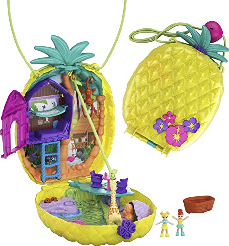 Polly Pocket Dolls & Accessories, 2-in-1 Travel Toy, Pineapple Purse Playset with Micro Polly and Lila Dolls