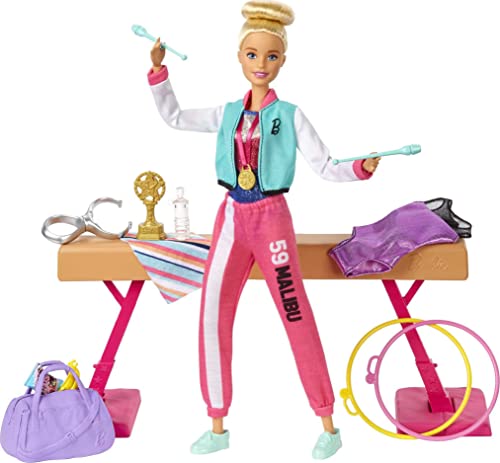 Barbie Gymnastics Playset with Doll and 15+ Accessories, Twirling Gymnast Toy with Balance Beam, Blonde Doll