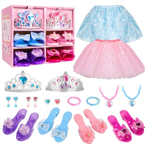 Princess Dress Up Shoes and Jewelry Boutique - 4 Pairs of Play Shoes and Pretend Jewelry Toys Accessories Play Gift Set for Toddlers Little Girls Aged 3,4,5,6 Year Old