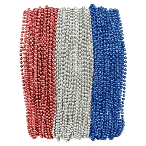 Red, Silver, and Blue Patriotic Mardi Gras Beads 33 inch 7mm, 6 Dozen, 72 Necklaces