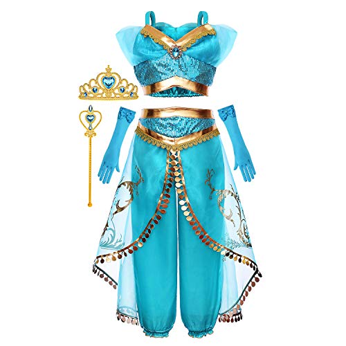 Princess Jasmine Costume Dress Up Clothes Fancy Sequined Arabian Outfit Attire with Tiara Wand Gloves Accessories Set for Little Toddler Girls Kids Halloween Cosplay Birthday Party Size 6-7 Years