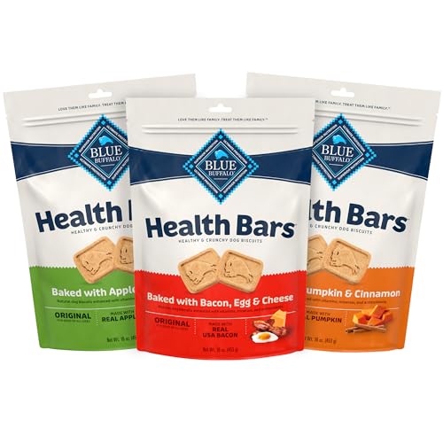 Blue Buffalo Health Bars Natural Crunchy Dog Treats Biscuits, Apple & Yogurt, Pumpkin & Cinnamon, and Bacon, Egg, & Cheese 16-oz Variety Pack, 3Ct