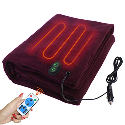 CREATRILL 12-Volt Heated Travel Blanket 40" x 60" Intelligent Remote Control Electric Car RV Blanket Fleece Throw with 4 Auto Shut Off Timers Safer Nonflammable UL Wiring (Maroon)