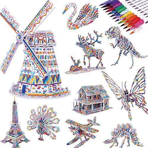 BEARUN 3D Coloring Puzzle Set, Arts and Crafts for Girls and Boys Age 6 7 8 9 10 11 12 Year Old, Fun Educational Painting Crafts Kit with Supplies for Kids, Birthday Toy Gift for Kids