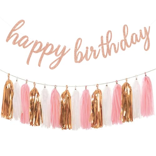 Aonor Rose Gold Birthday Party Decorations - Glittery Rose Gold Happy Birthday Banner and Tissue Paper Tassels Garland for Birthday Decorations