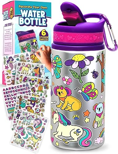 PURPLE LADYBUG Decorate Your Own Water Bottle for Girls with Trendy Stickers - Birthday Gifts for Girls, Little Girl Gifts, 5 Year Old Girl Gifts, Arts and Crafts for Kids Ages 6-8, Fun DIY Kits