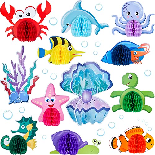 12 Pieces Under The Sea Party Decorations Ocean Sea Animal Honeycomb Centerpiece Ocean Themed Party Table Decoration Fish Sea Creature Mermaid Birthday Centerpiece for Beach Baby Shower Party Supplies