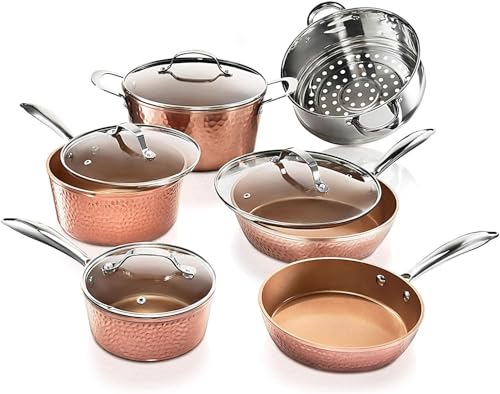 Gotham Steel Hammered Copper 10 Pc Pots and Pans Set Non Stick Cookware Set, Non Toxic Ceramic Cookware Set, Kitchen Cookware Sets with Induction Cookware, Pot and Pan Set, Oven_Dishwasher Safe