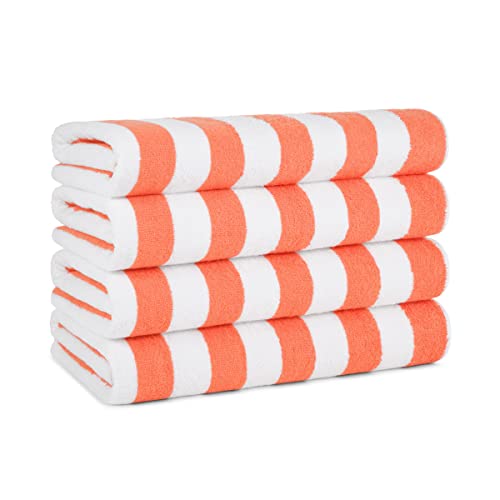 Arkwright California Cabana Stripe Beach Towel - Pack of 4 - Large Soft Quick Dry Cotton Terry Towels Set for Pool, Swim, and Hot Tub, Oversized 30 x 70 in, Coral
