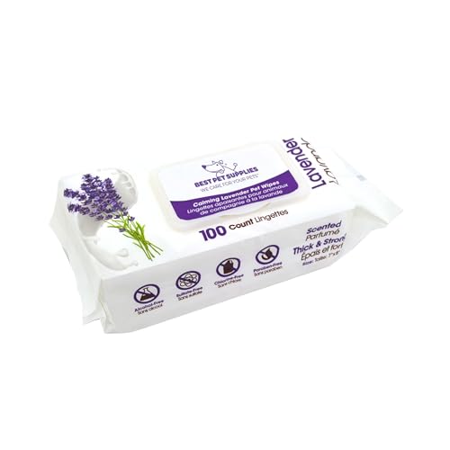 Best Pet Supplies 8" x 9" Pet Grooming Wipes for Dogs & Cats, 100 Pack, Plant-Based Deodorizer for Coats & Dry, Itchy, or Sensitive Skin, Clean Ears, Paws, & Butt - Calming Lavender