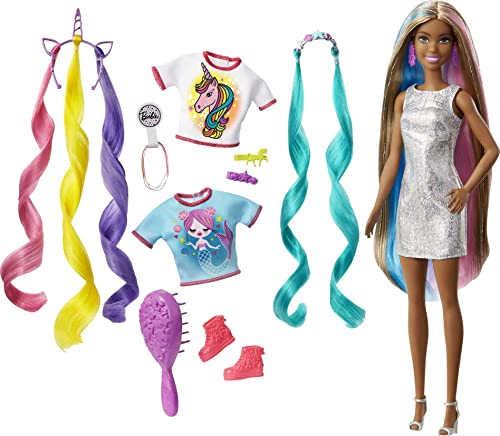 Barbie Fantasy Hair Doll & Accessories, Long Colorful Brunette Hair with Mermaid and Unicorn-Inspired Clothes