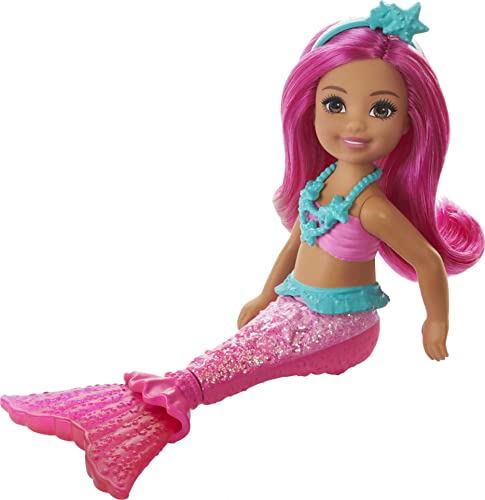 Barbie Dreamtopia Chelsea Mermaid Doll with Pink Hair & Tail, Tiara Accessory, Small Doll Bends at Waist