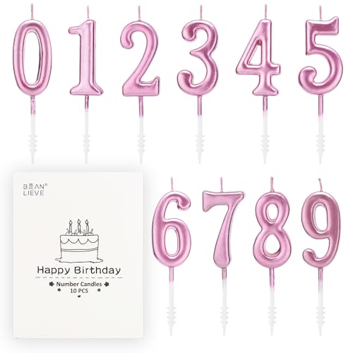 Beanlieve Pink Numeral Birthday Candles - Cake Numeral Candles Number 0-9 Glitter Cake Topper Decoration for Birthday,Wedding Anniversary,Party Celebration(10 Pieces)