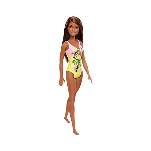 Barbie Doll, Brunette, Wearing Pink and Yellow Floral Swimsuit, for Kids 3 to 7 Years Old