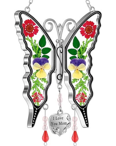 KY&BOSAM Gifts for Mom Suncatcher Butterfly Mom Gifts Mothers Day I Love You Mom Stained Glass Sun Catcher Hanging Wind Chime Ornament for Window Gift for Mother`s Day Valentine`s Birthday Christmas