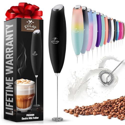 Zulay Kitchen Milk Frother Wand Drink Mixer - Durable Handheld Milk Frother Electric Whisk - Easy-Clean Milk Frother Wand & Mini Blender - Electric Coffee Frother for Frappe, Matcha - Jet Black