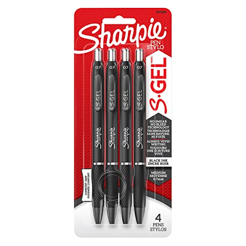 Sharpie S-Gel, Gel Pens, Medium Point (0.7mm), Black Ink Gel Pen, 4 Count