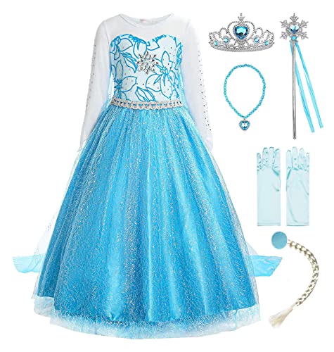 ReliBeauty Little Girls Snow Princess Fancy Dress Queen Costume with Accessories, 5_120, Blue