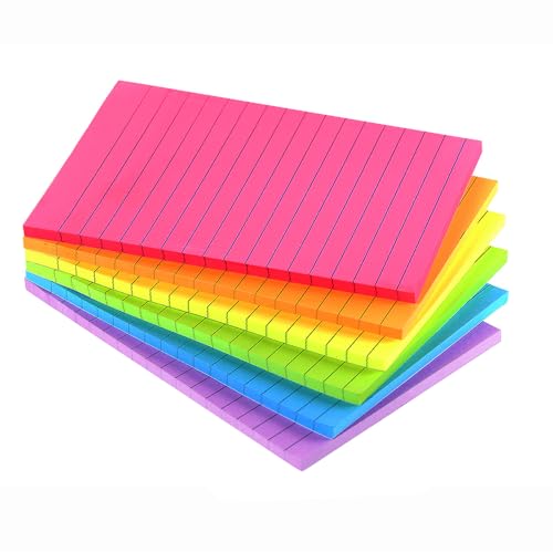 Lined Sticky Notes 4X6 in Bright Ruled Post Stickies Colorful Super Sticking Power Memo Pads, 45 Sheets_pad, 6 Pads_Pack