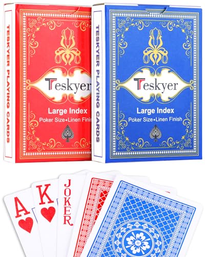 Teskyer 2 Pack Large Print Playing Cards, Poker Size Large Index Deck of Cards, Linen Finish Surface, Pattern A