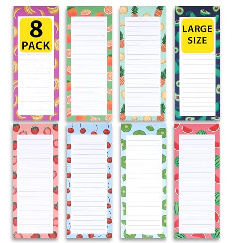 8 Large Magnetic Notepads – Notepads for Grocery List, Shopping List, To-Do List, Reminders -Strong Magnetic Back- Memo Notepad with Realistic Fruit Designs | 60 Sheets per Pad 9 x 3.5 inch (8 Pack)