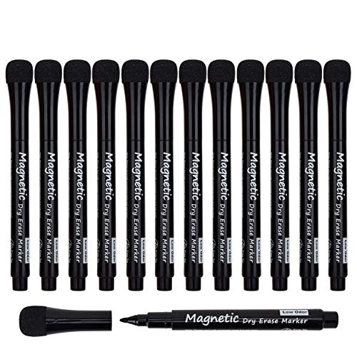 LivDeal Magnetic Dry Erase Markers - Fine Tip, Black Color, 12 Pack, Low Odor Whiteboard Markers for Kids & School, Work On White board & Calendar, Refrigerator