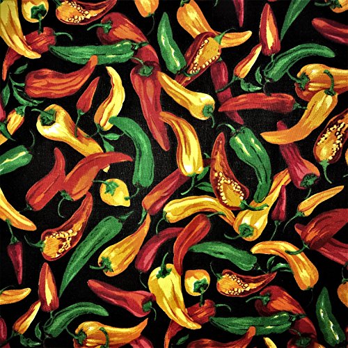 SAL TEX FABRICS, Colorful HOT CHILIS Poly Cotton Print Fabric White Background OR Black Background, Sells by The Yard (Black)