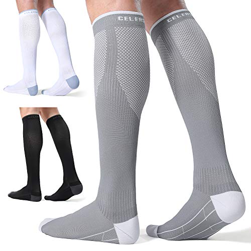 CelerSport 3 Pairs Compression Socks for Men and Women 20-30 mmHg Running Support Socks Gifts for Men, Black + White + Grey, Large_X-Large