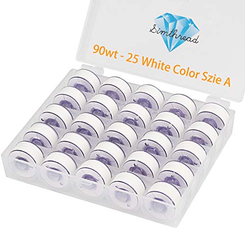Simthread 25pcs 90WT White Prewound Bobbin Thread Size A Class 15 (SA156) with Clear Storage Plastic Case Box 60S_2 for Brother Embroidery Thread Sewing Thread Machine DIY