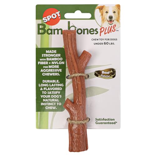 SPOT Bam-bones PLUS Branch -Bamboo Fiber & Nylon, Durable Long Lasting Dog Chew for Aggressive Chewers – Great Toy for Adult Dogs & Teething Puppies under 60lbs, Non-Splintering, 5.75in, Beef Flavor