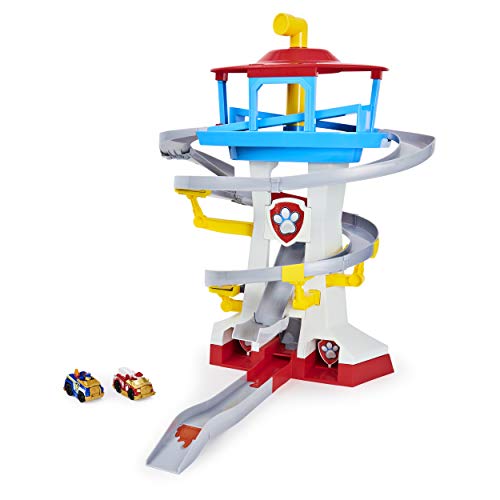 Paw Patrol Adventure Bay Lookout Tower Playset With 2 Die-Cast 1:55 Vehicles (Chase and Marshall): Twin Track Rescue Way 25 Pc Set With Launching Periscope - Accommodate Up to 6 True Metal Racing Cars