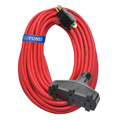 Clear Power 50 ft 14_3 SJTW 3 Outlet Heavy Duty Outdoor Extension Cord with Circuit Breaker Plug, Water, Weather & Kink Resistant, Flame Retardant, Red, 3 Prong Grounded Plug, CP10142