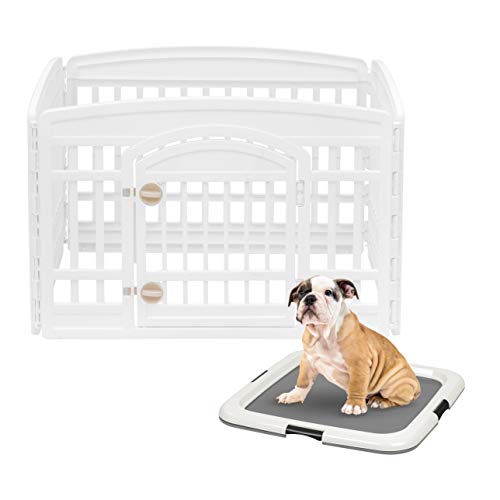 IRIS USA 24" Exercise 4-Panel Pet Playpen with Door and Square Training Pad Holder Set, Dog Playpen & Potty Pad Holder for Puppies and Small Dogs, Easy Assemble, Easy Storing, Floor Protection, White