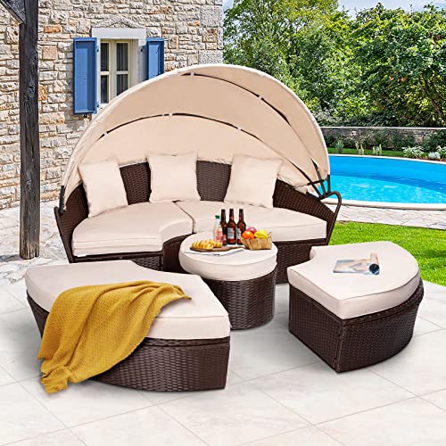 AECOJOY Patio Furniture Outdoor Daybed with Retractable Canopy, Patio Daybed Rattan Wicker Separated Seating Sectional Sofa for Patio Lawn Garden Backyard Porch Pool