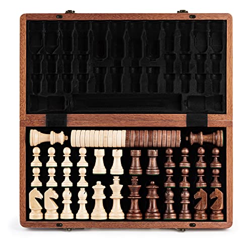 A&A 15 inch Wooden Folding Chess & Checkers Set w_ 3 inch King Height Staunton Chess Pieces - Mahogany Box w_Mahogany & Maple Inlay