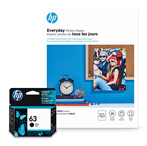 HP 63 Black Ink Everyday Photo Paper, Glossy, 25 Sheets, 8.5x11