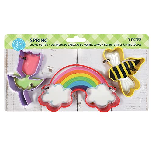 R&M International 5112 Polyresin Coated Spring Cookie Cutters, Tulip Flower, Rainbow, Bumblebee, 3-Piece Set