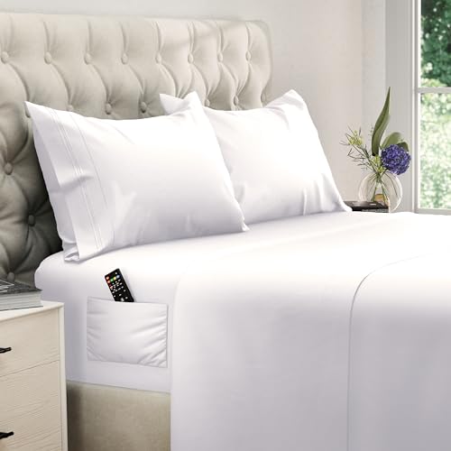 DREAMCARE Queen Size Sheets - Cooling Bed Sheets - 4pcs Set - Queen Sheet Set - Sheets Queen Size Bed - Queen Size Sheet Sets Soft & Long Lasting 100zz Fine Brushed Polyester with Side Pocket - White