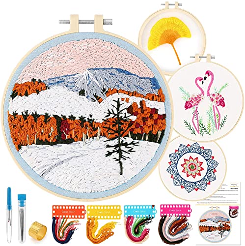 Magicfly 4 Sets Embroidery Starter Kit with Pattern and Instruction, Cross Stitch Needlepoint Kit with 4 Embroidery Clothes, 4 Plastic Hoops, Color Threads and Tools for Beginner, Adults