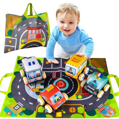 UNIH Pull-Back Vehicle Baby Toys of Soft Plush Car Set with Play Mat (Storage Bag), for Toddlers Aged 1 2 3 Year Old Gift