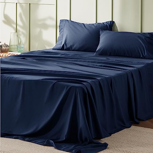 Bedsure Full Size Sheets Navy - Soft Sheets for Full Size Bed, 4 Pieces Hotel Luxury Full Size Sheet Sets, Easy Care Polyester Microfiber Cooling Bed Sheet Set