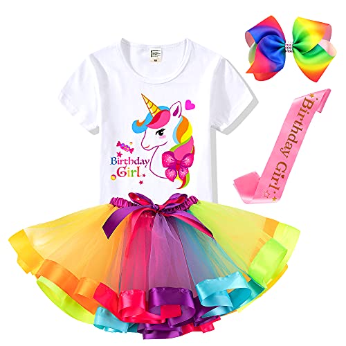 Unicorn Headband, T-Shirt, Tutu Dress & Satin Sash. Unicorn Birthday Party Outfit for Girls (Birthday Girl 4, 8 Years)