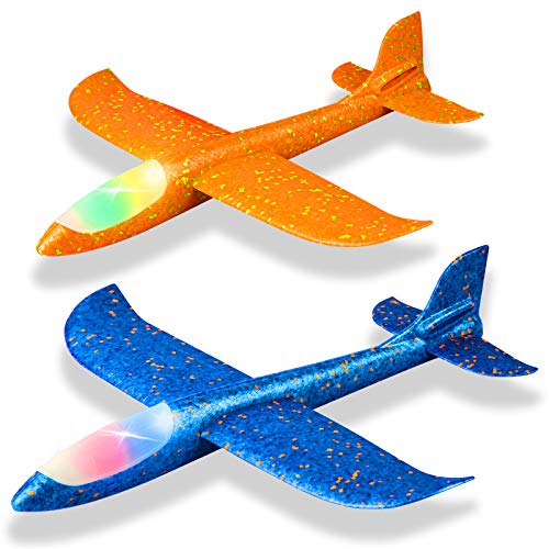 2 Pack LED Light Airplane,17.5" Large Throwing 2 Flight Mode Glider Plane,Flying Toy for Kids,Gifts for 3 4 5 6 7 8 9 Years Old Boy,Outdoor Sport Toys Birthday Party Favors Foam Airplane