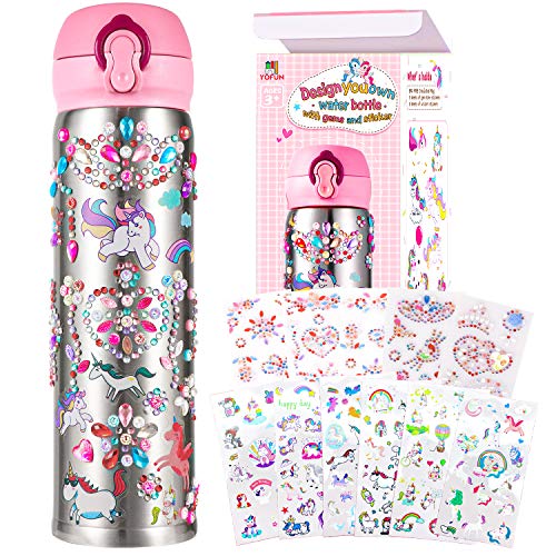 YOFUN Decorate Your Own Water Bottle with 11 Sheets of Unicorn Stickers & Glitter Gems, Craft Kit & Art Kit for Children, Gift for Girls Age 4 5 6 7 8 9 10 Years Old Kids, BPA Free Insulated (Silver)