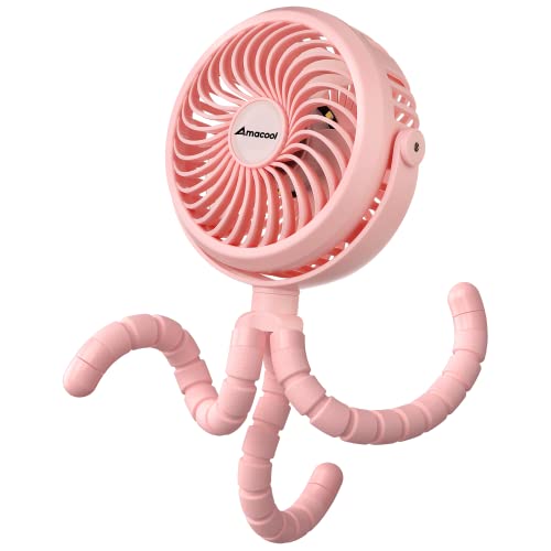 AMACOOL Battery Operated Stroller Fan Flexible Tripod Clip On Fan with 3 Speeds and Rotatable Handheld Personal Fan for Car Seat Crib Bike Treadmill (Pink)