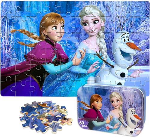 NEILDEN Puzzles in a Metal Box 60 Piece Snowman Puzzles for Ages 4-8 Disney Jigsaw Puzzle for Girls and Boys Great Gifts for Children (Snowman)